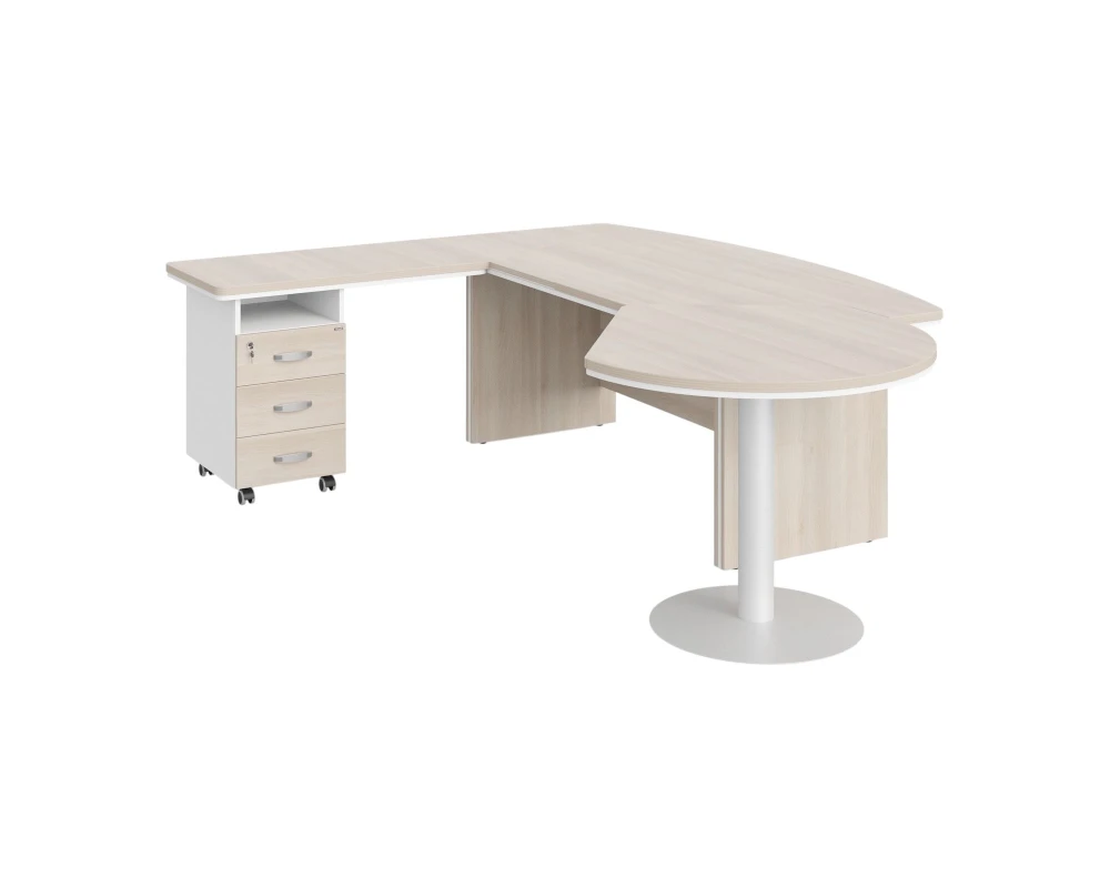 Стол руководителя угловой с брифингом и приставной тумбой L 235х205х76 Berlin Director Акация светлая/Белый премиум